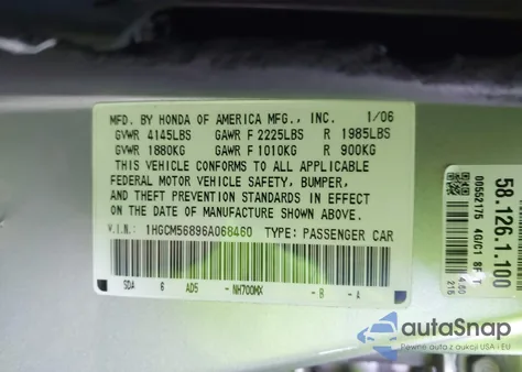2006 Honda Accord 2.4 Ex from USA, damaged, VIN 1HGCM56896A068460